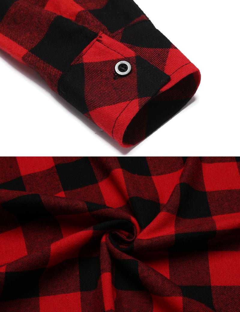 Red and black plaid sleeve cuff with button; soft fabric drape and texture