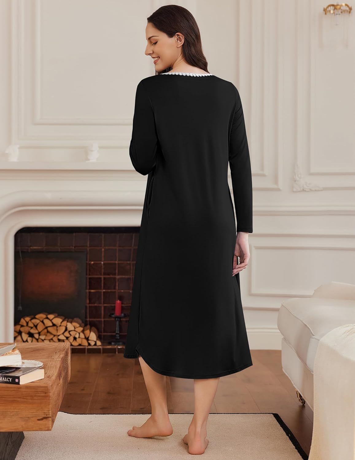 Black long-sleeve sleep dress, full length, straight back view with button details