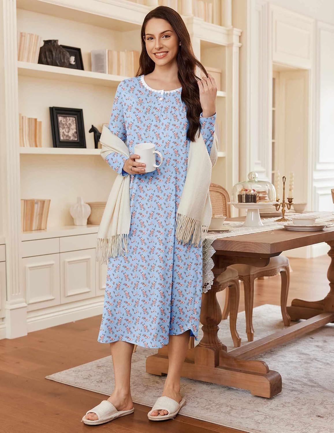 Long Sleeve Henley sleep dress, full-length blue floral pattern, front view