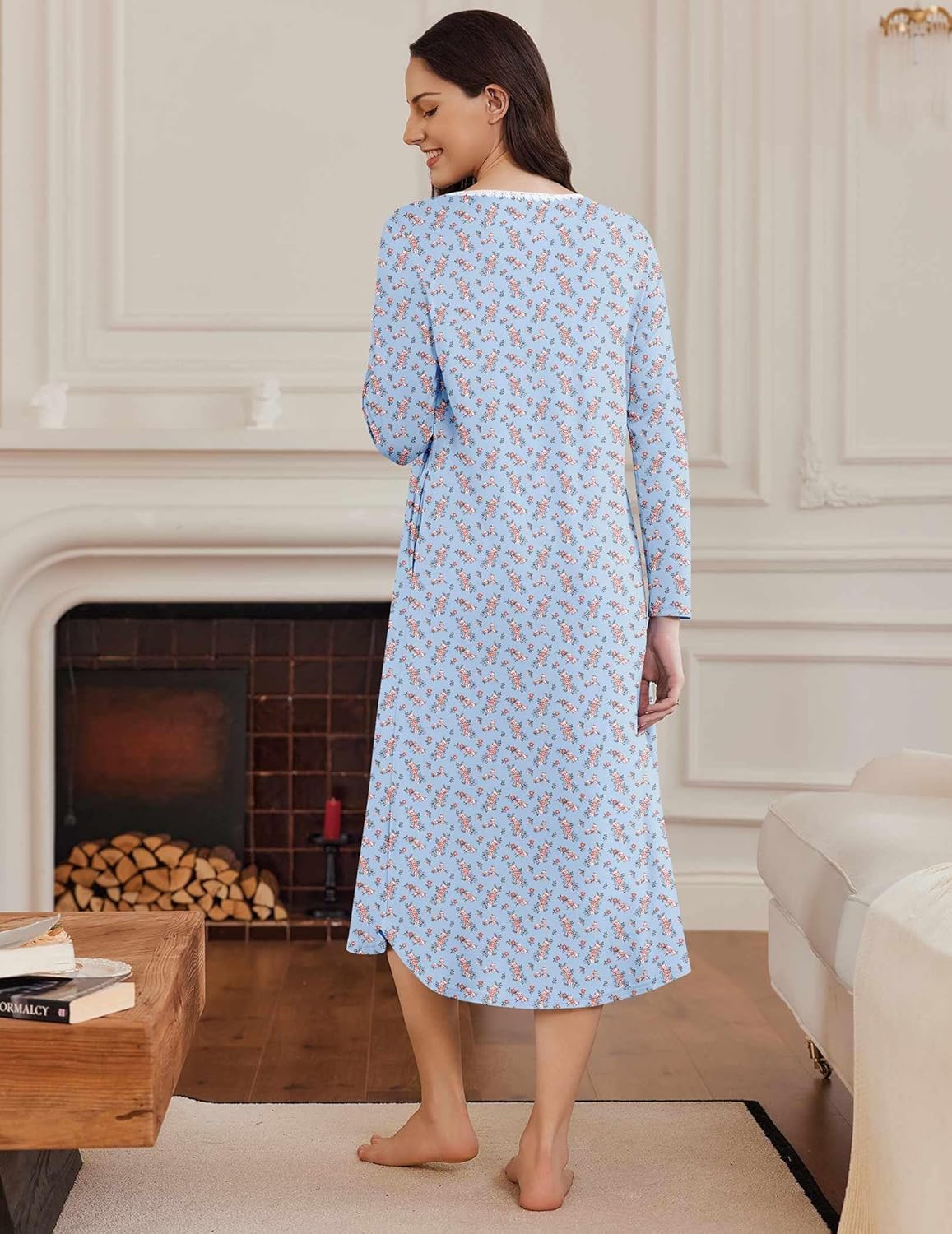 Long Sleeve Henley sleep dress, full-length blue floral pattern, side/back view