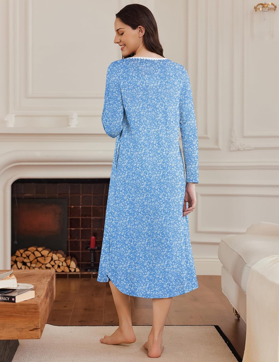 Long Sleeve Henley sleep dress, full-length blue floral pattern, back view