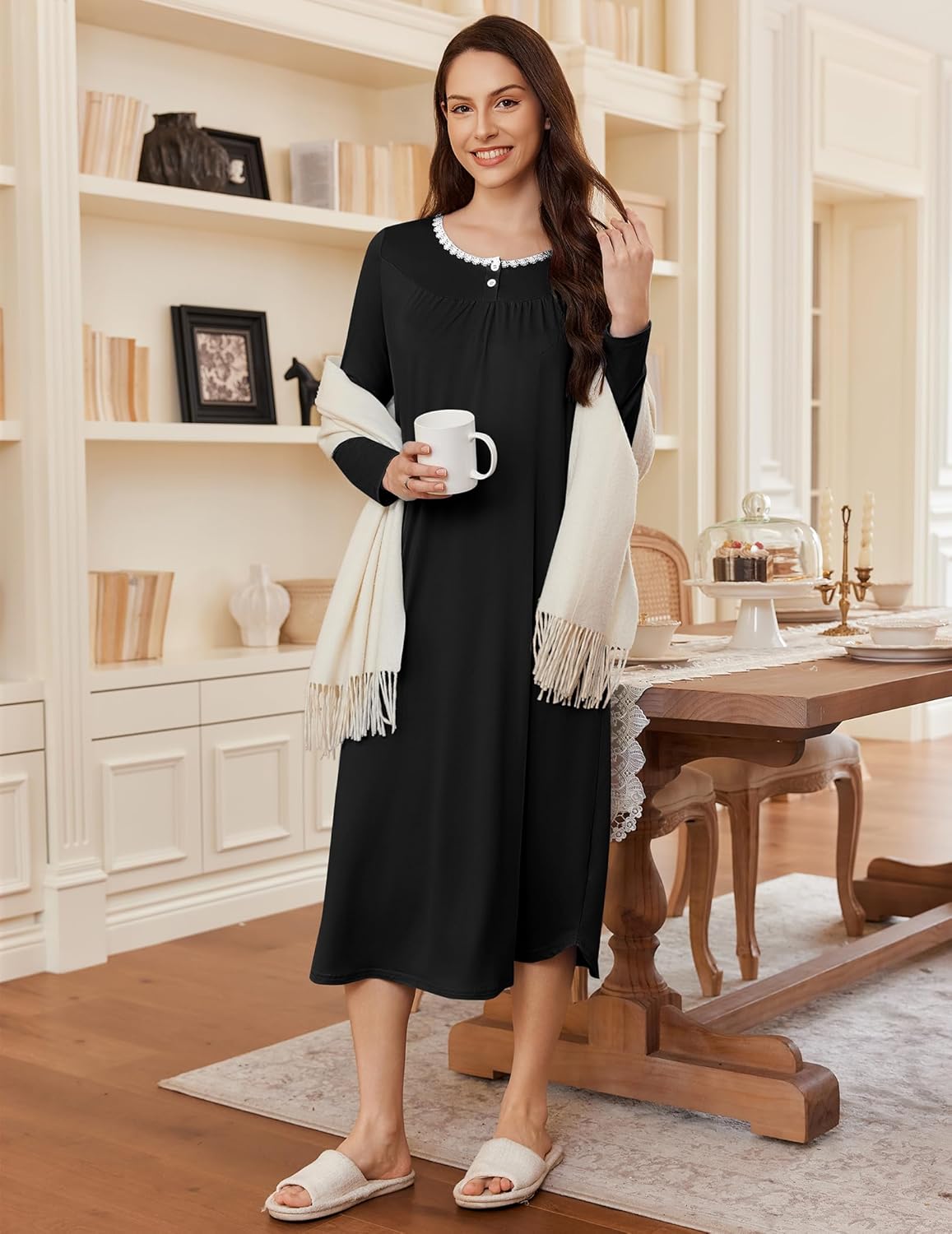 Black long-sleeve sleep dress with lace-trim neckline and button front