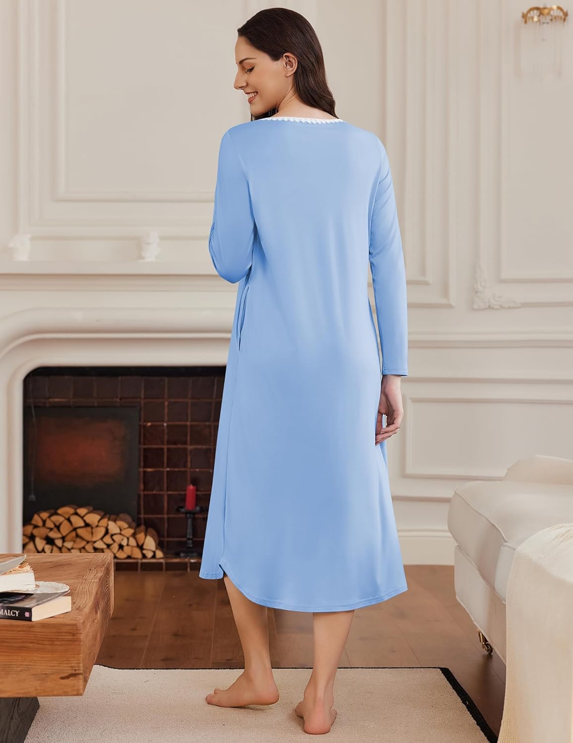 Ekouaer long-sleeve henley sleep dress, light blue, round neckline with buttons