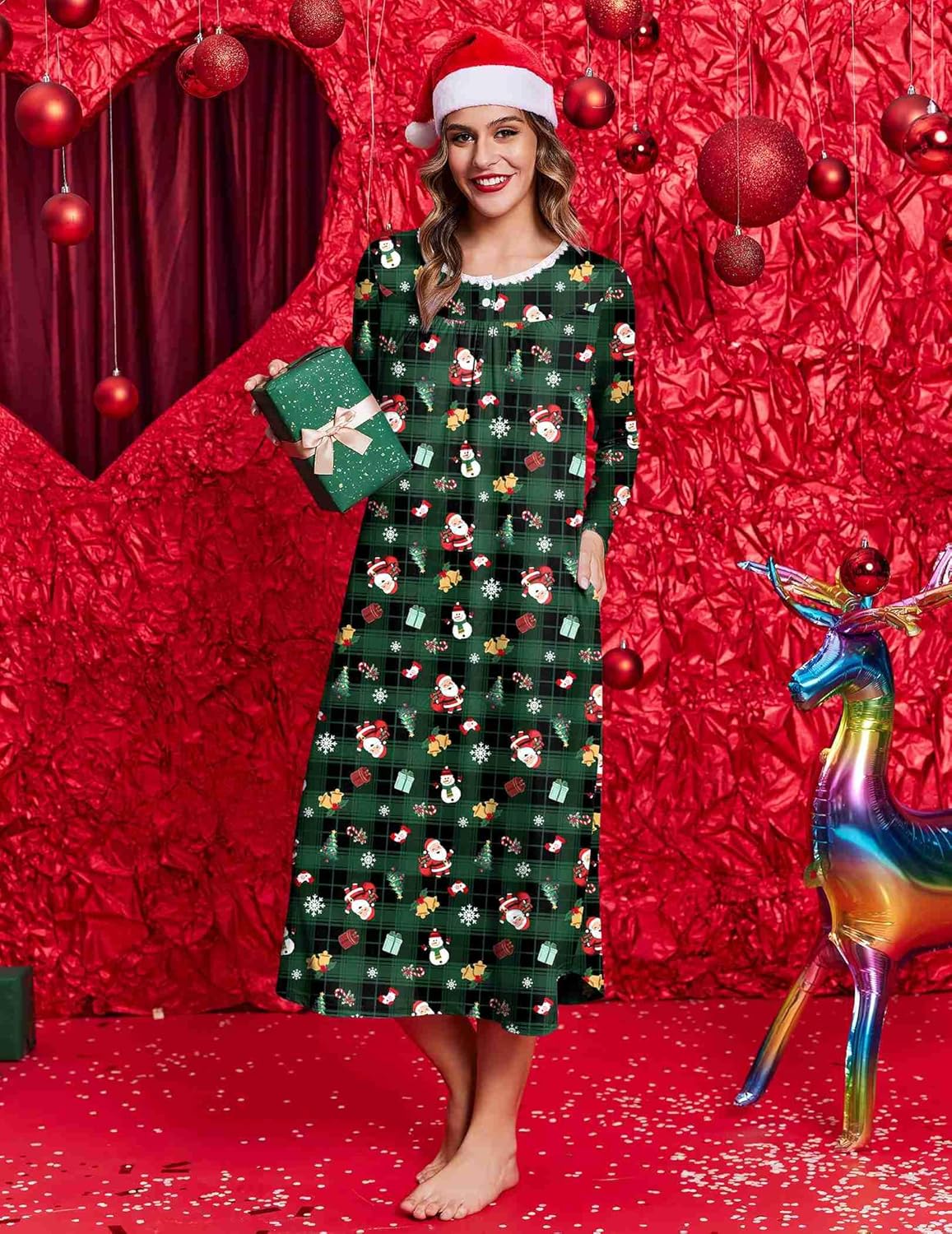 Long Sleeve Henley sleep dress, green plaid festive print, full length, button neckline