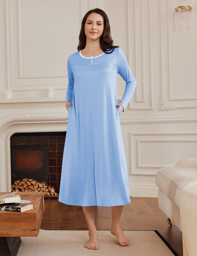 Langarm-Nachthemdkleid in Hellblau mit Knopfbesatz am Rundhalsausschnitt
