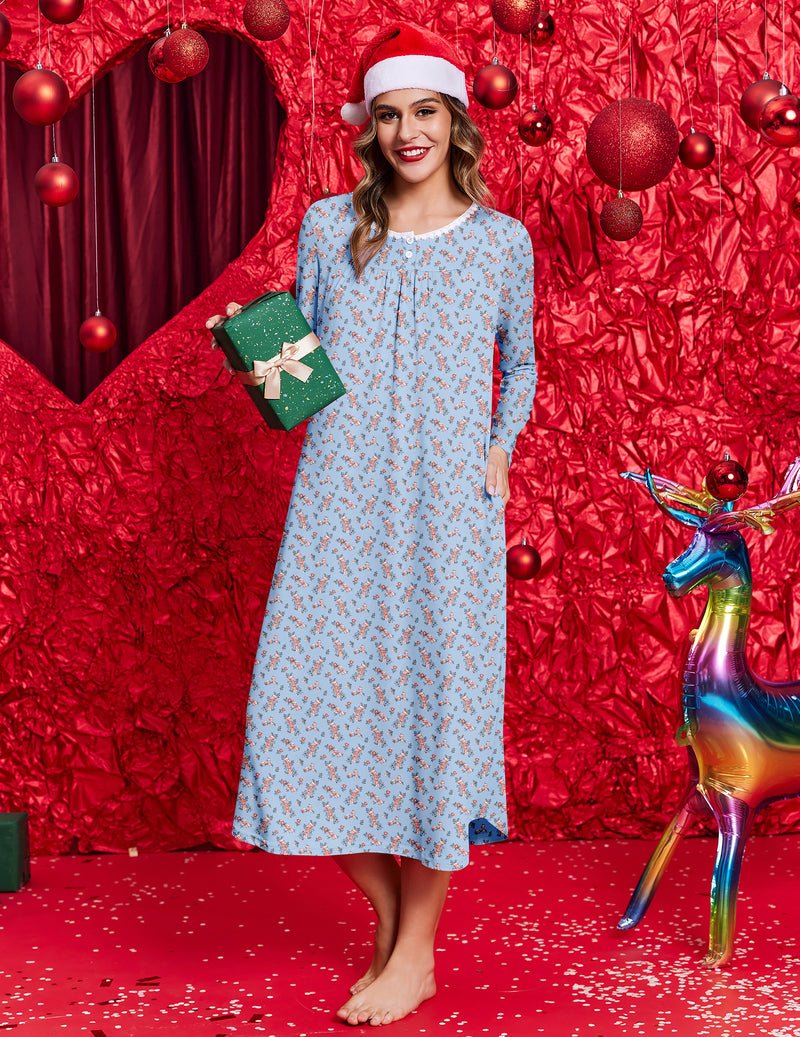 Hellblaues Langarm-Henley-Nachthemdkleid mit kleinem Blumenprint, Knöpfen am Ausschnitt