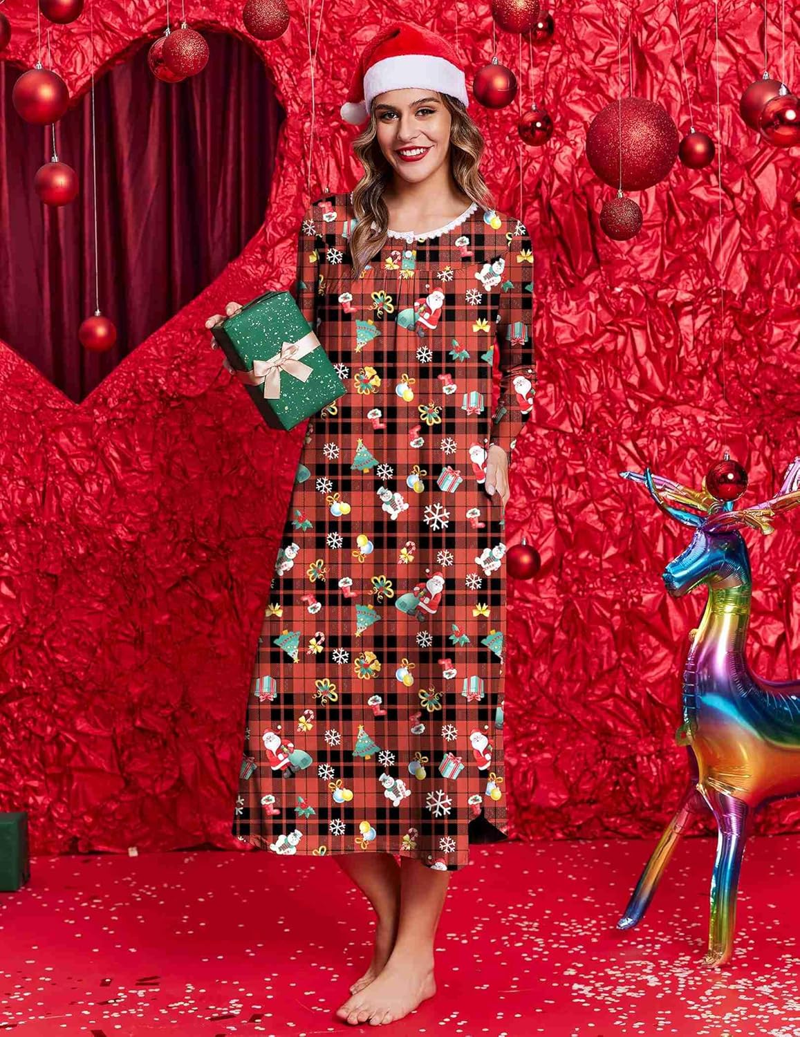 Langärmeliges Henley-Nachthemdkleid, dunkelrote Karo-Optik mit Weihnachtsmotiven