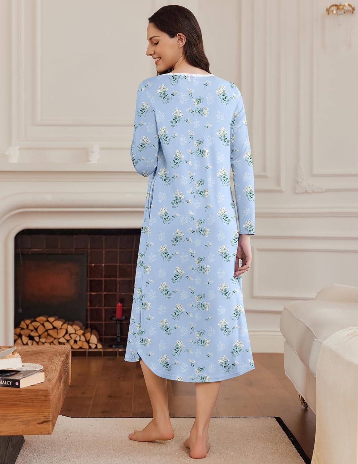 Long Sleeve Henley sleep dress, full-length blue floral pattern, back view
