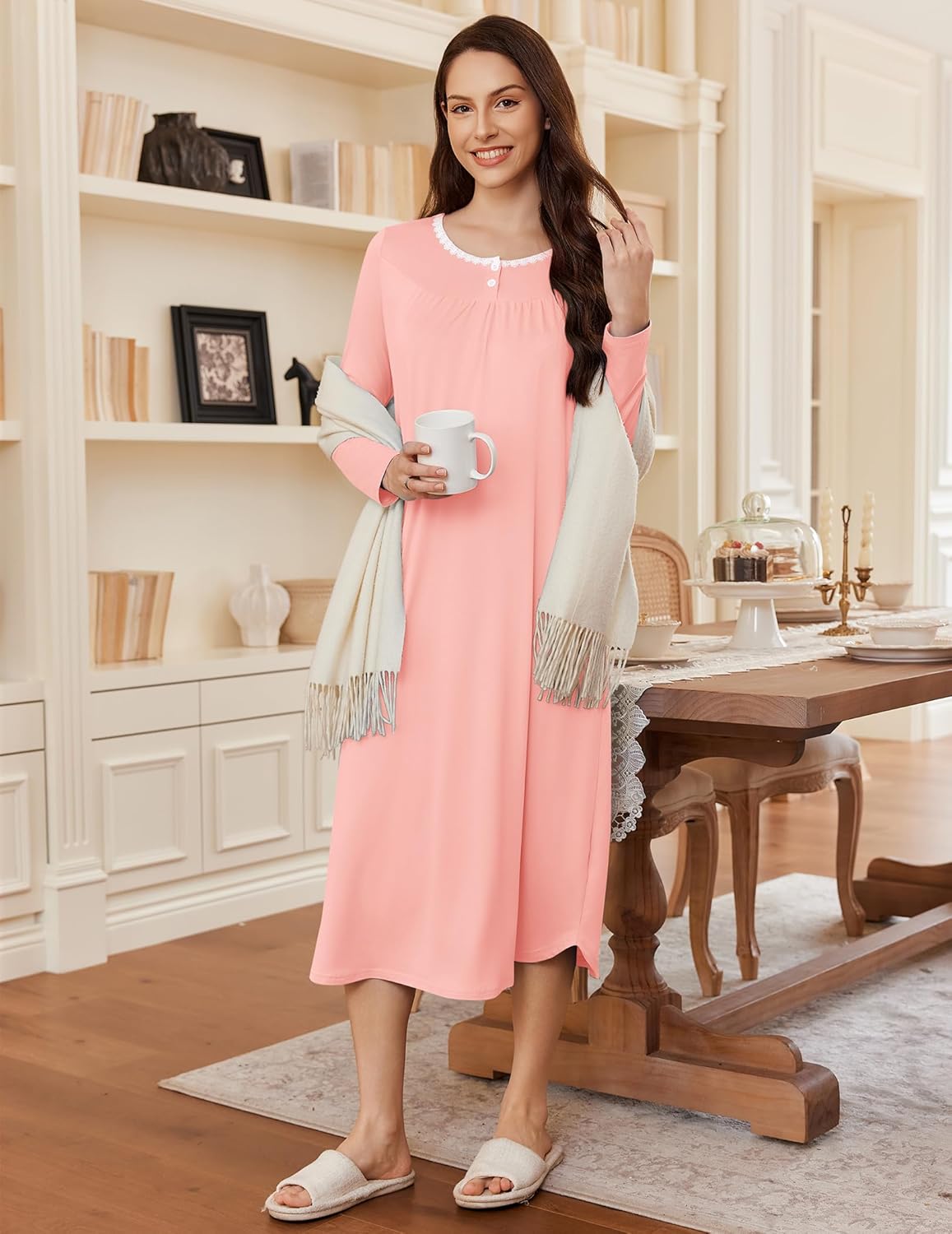 Long Sleeve Henley sleep dress, pink, button neckline, long sleeves, full length