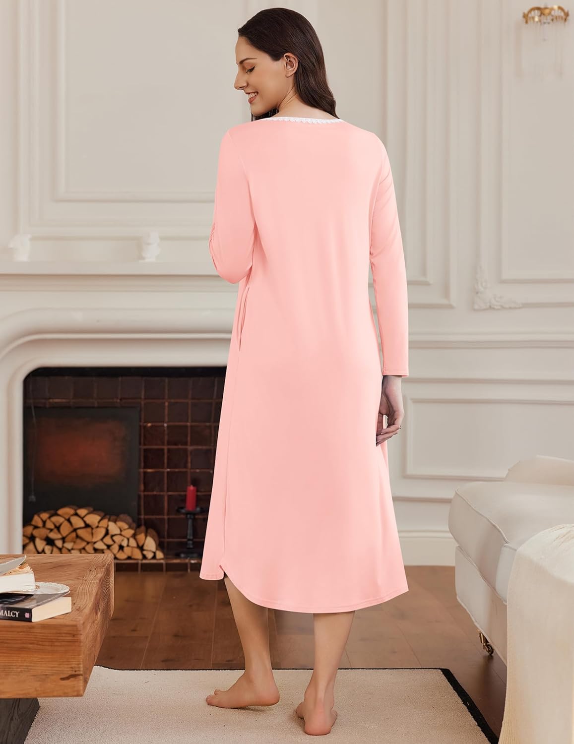 Long Sleeve Henley sleep dress, pink, back view, button neckline, long sleeves, full length