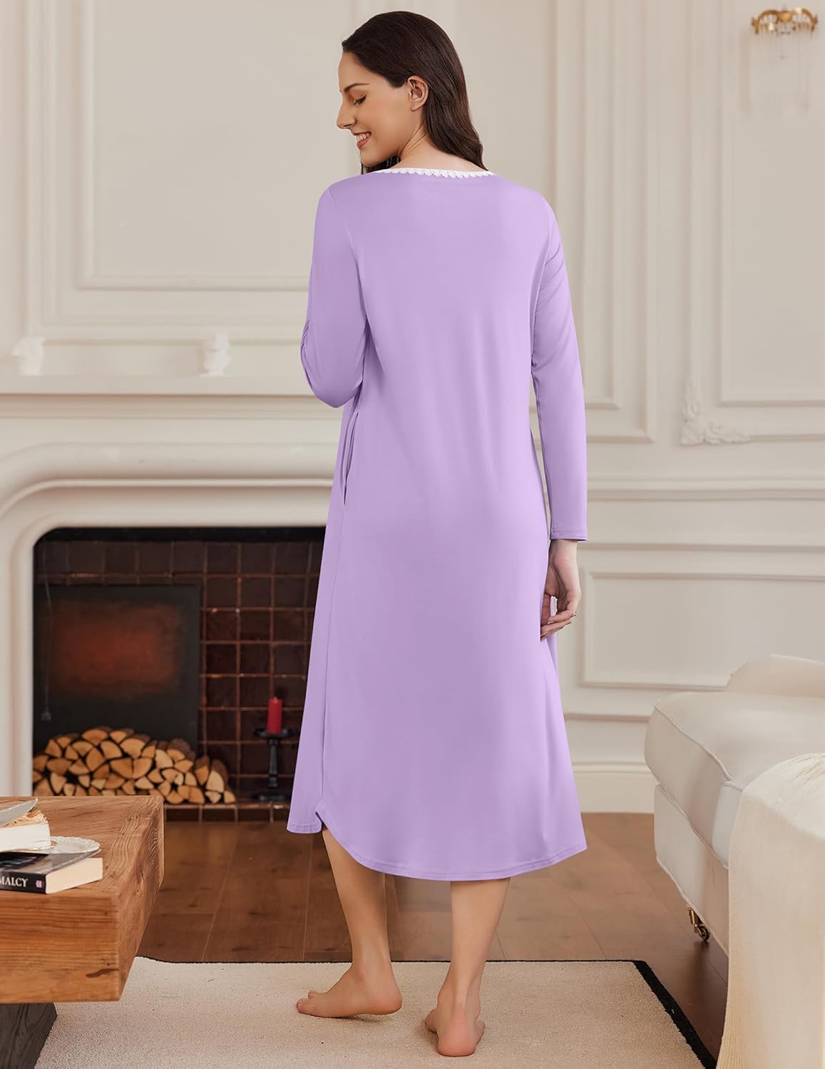 Long Sleeve Henley sleep dress, light purple, back view, long sleeves, full length