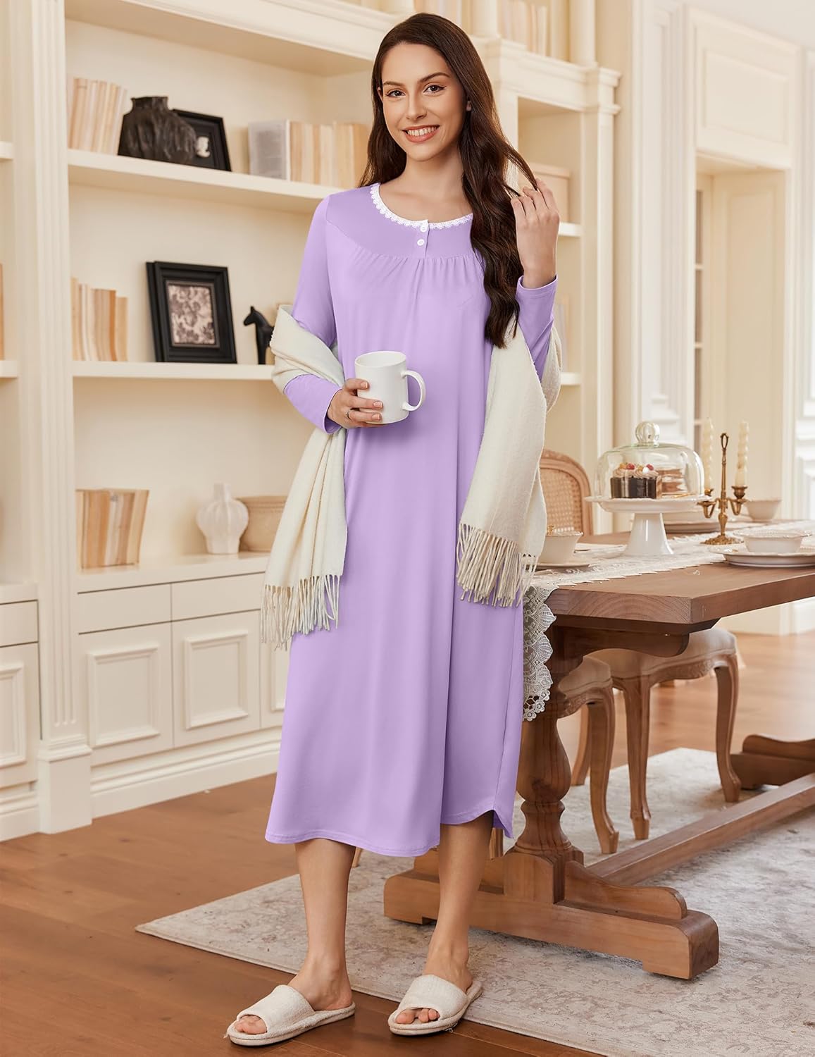 Long Sleeve Henley sleep dress, light purple, button neckline, long sleeves, full length