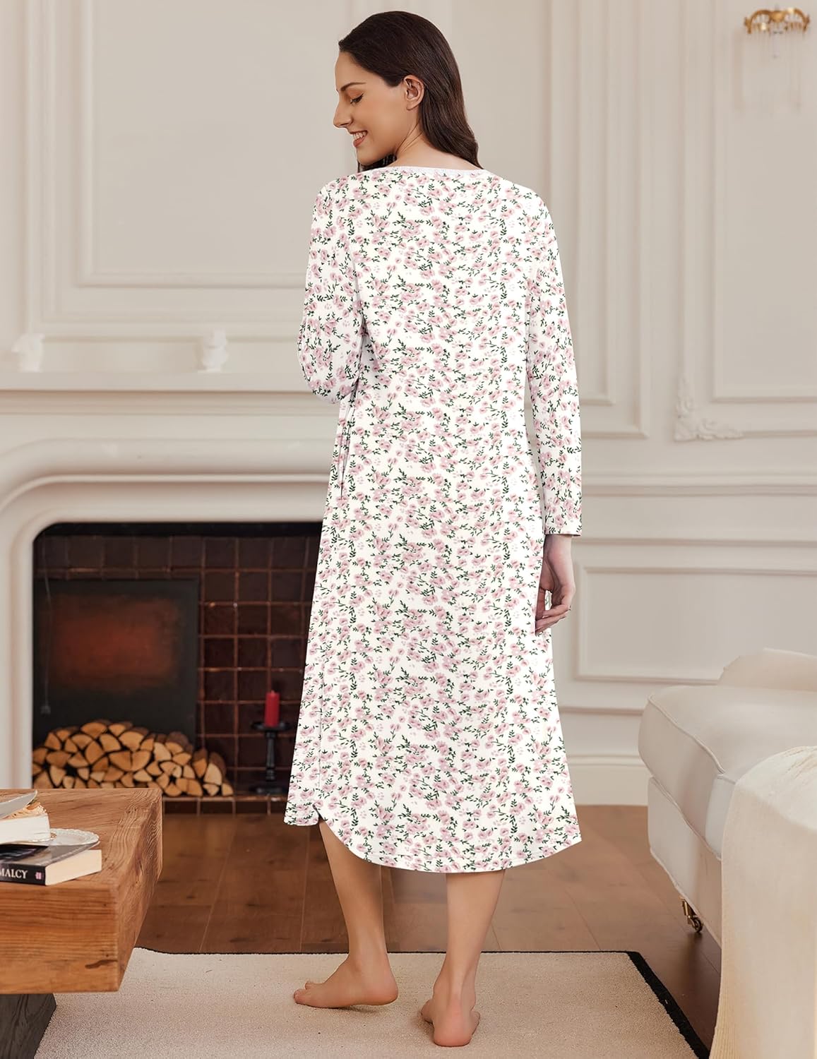 Ekouaer Full Length Sleep Dress with Pockets Purple Flower / S