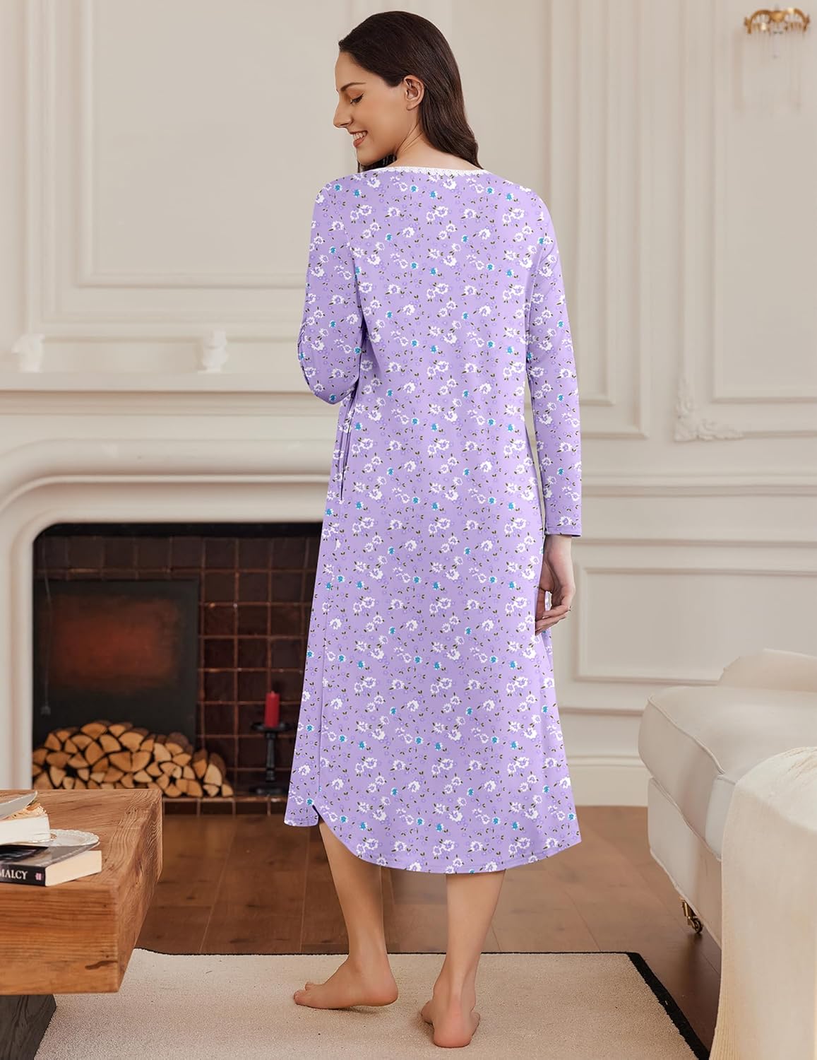 Purple floral long-sleeve sleep dress, full length back view
