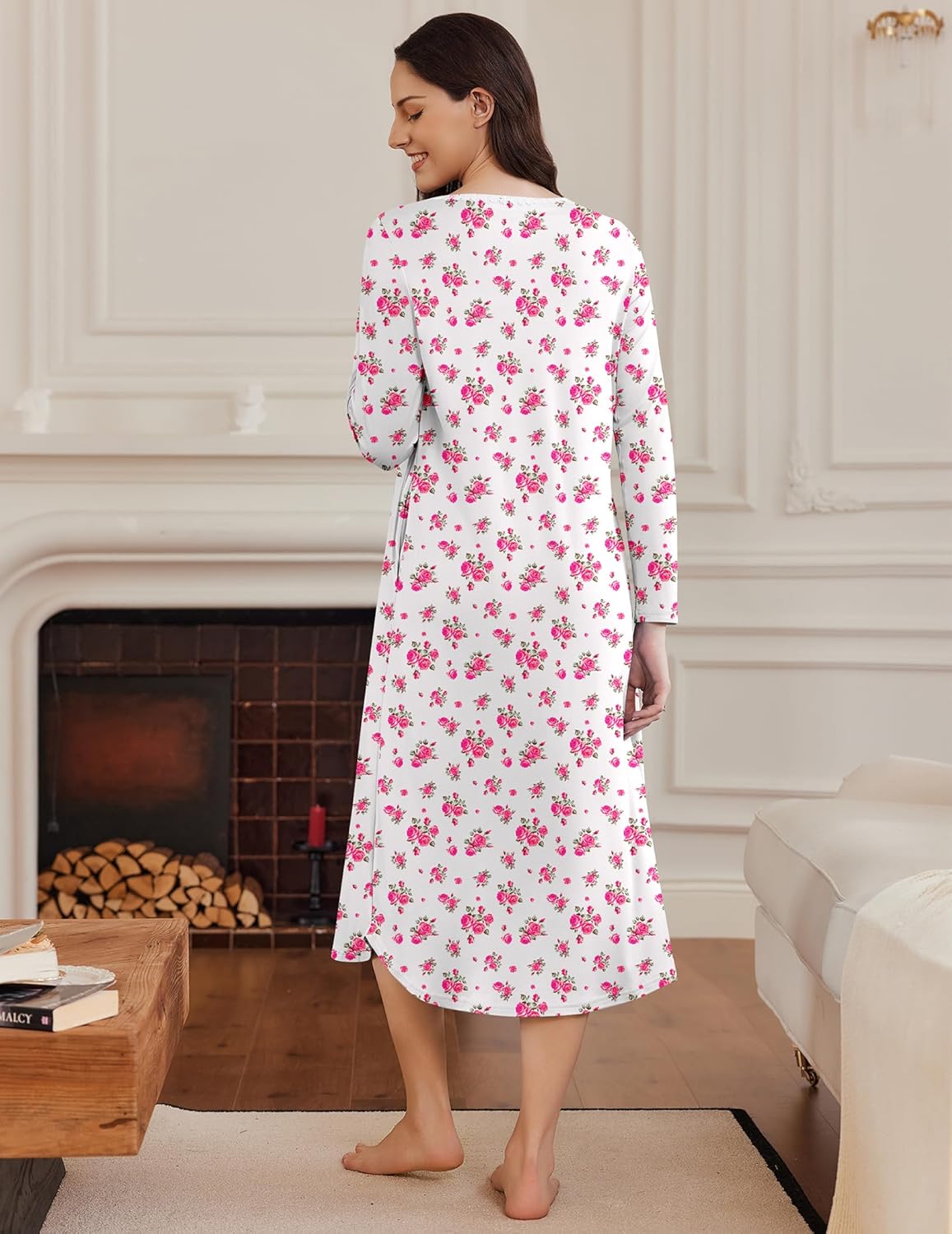 Long Sleeve Henley sleep dress, full-length white with pink floral pattern, back view
