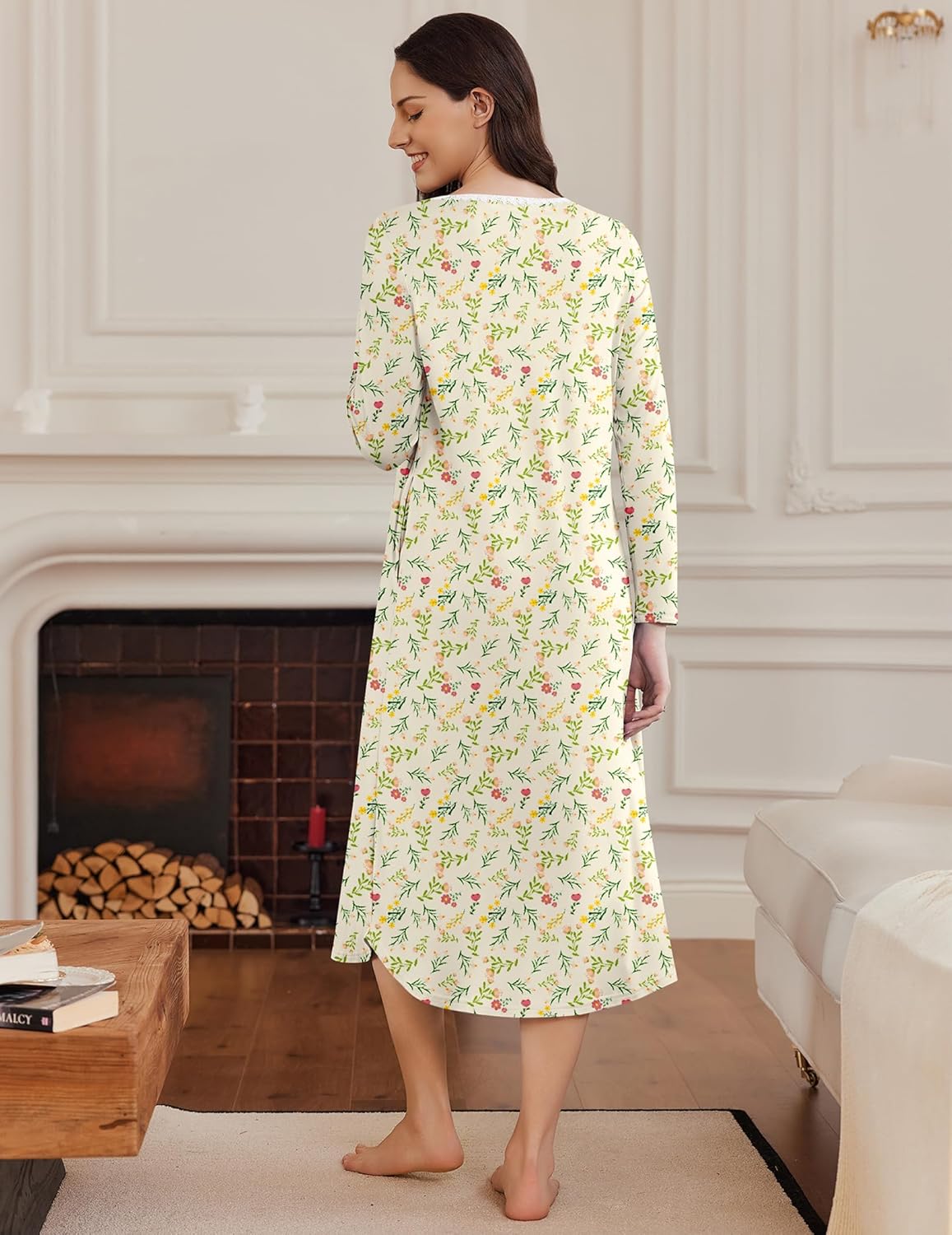 Light floral long-sleeve sleep dress, full length back view with curved hem