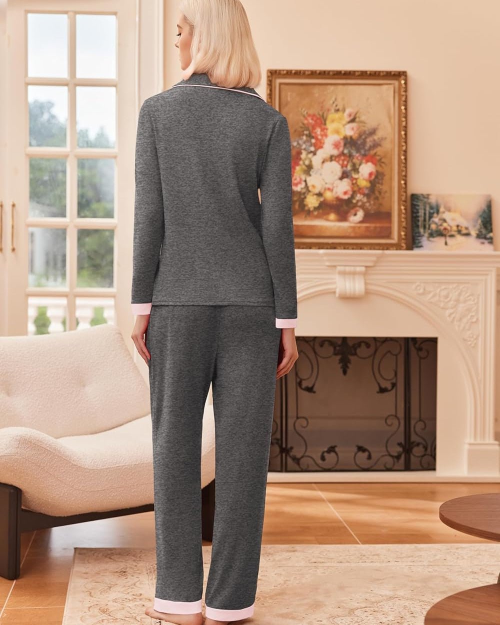 Dark gray long-sleeve loungewear set with button-back top and matching straight-leg pants