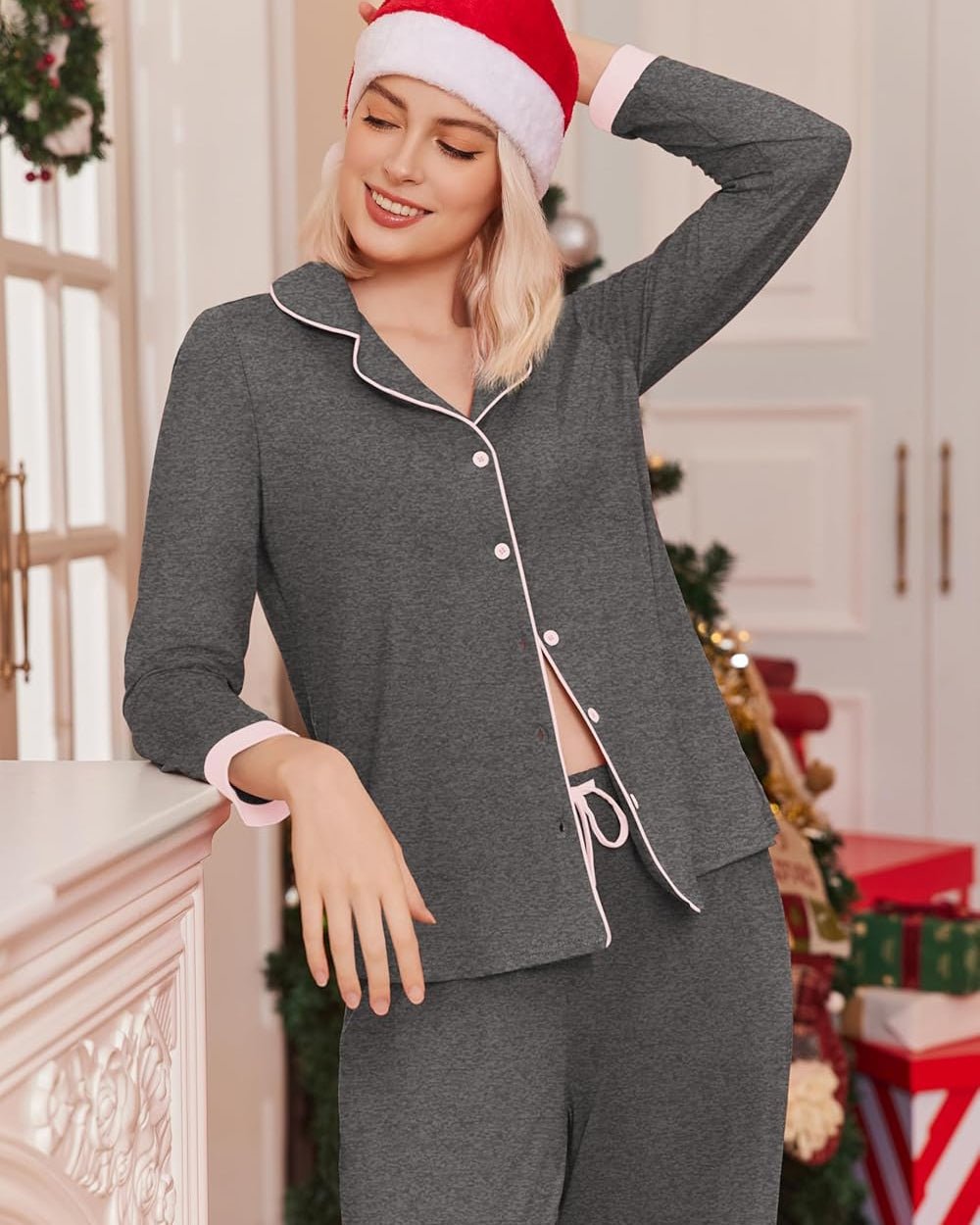 Dark gray long-sleeve button-down loungewear top with contrast trim and buttons