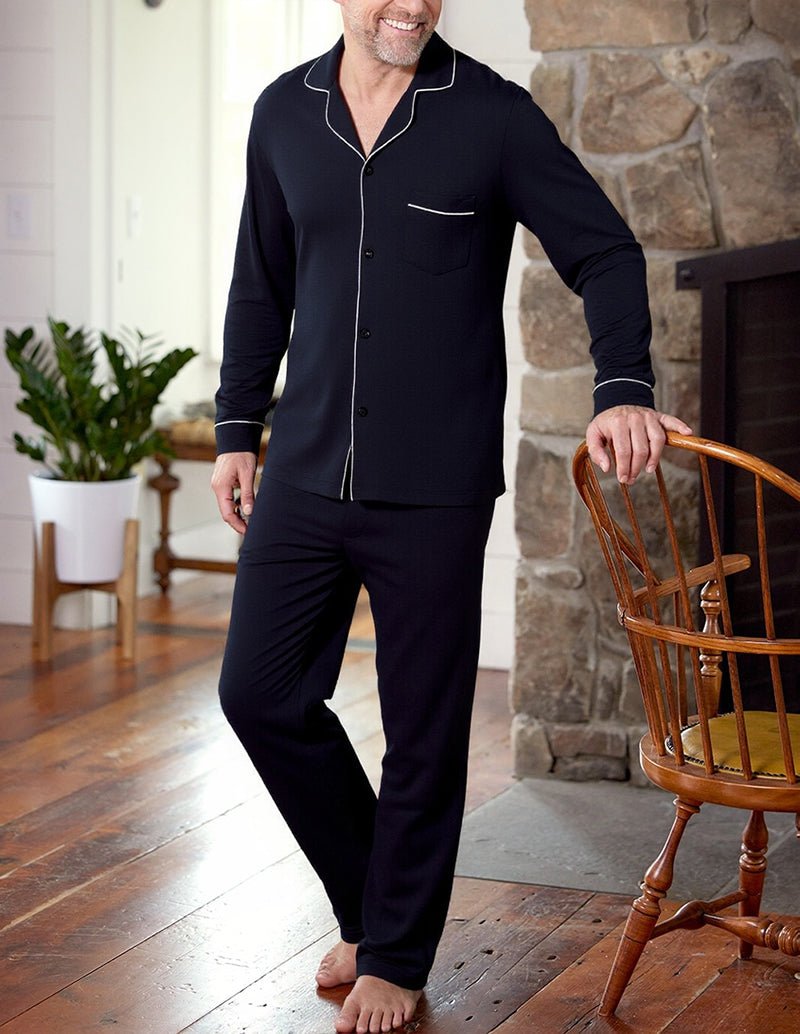 Black long-sleeve mens pajama set with button-up shirt and matching pants