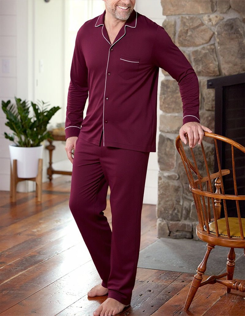 Wine red long-sleeve mens pajama set with button-up shirt and matching pants