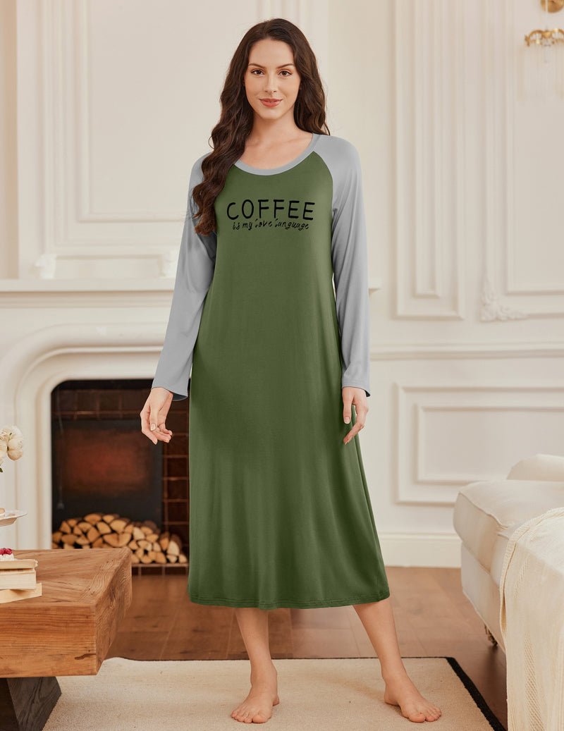Green calf-length nightgown with grey raglan sleeves and “COFFEE” chest text print