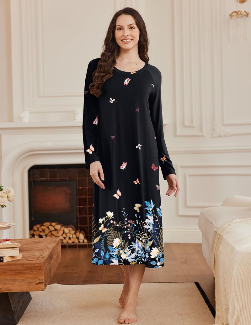 Dark nightgown with small butterfly motifs and blue floral border at hem