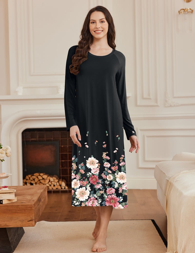 Black long-sleeve nightgown with pink floral print and matching floral hem