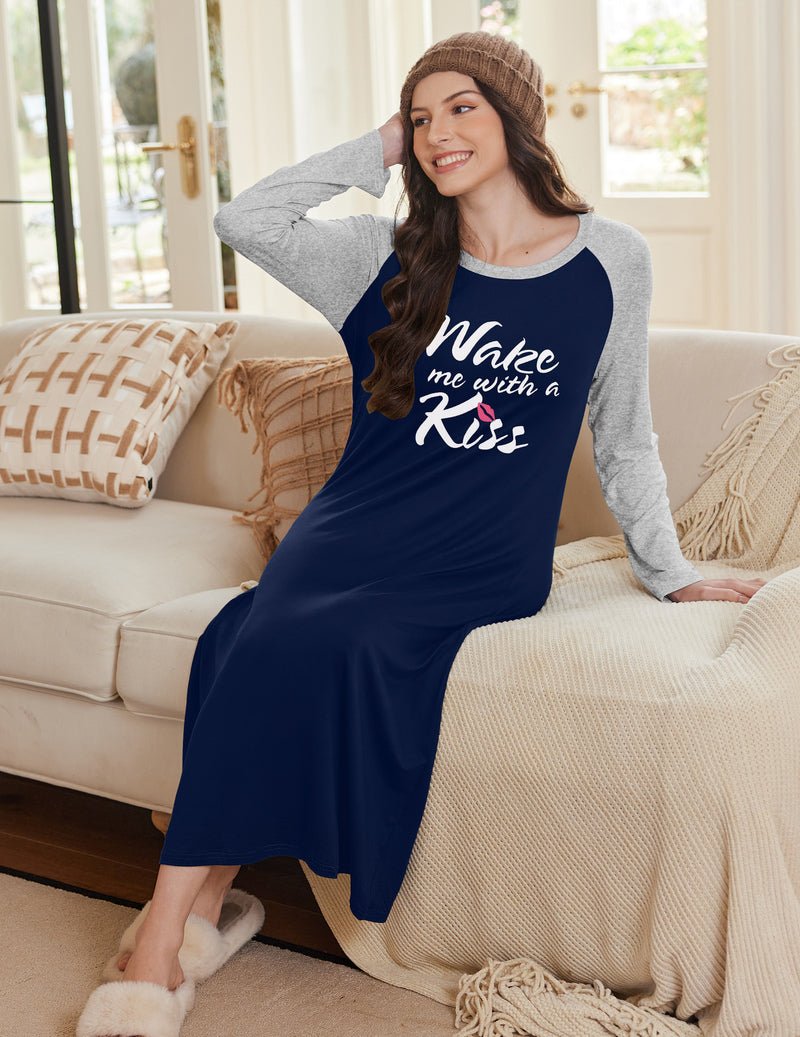 Navy long-sleeve nightgown with “Walk me with a Kiss” text, calf length