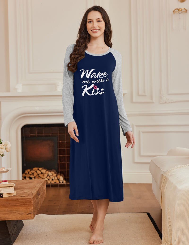 Grey and navy long-sleeve nightgown with “Walk me with a Kiss” text