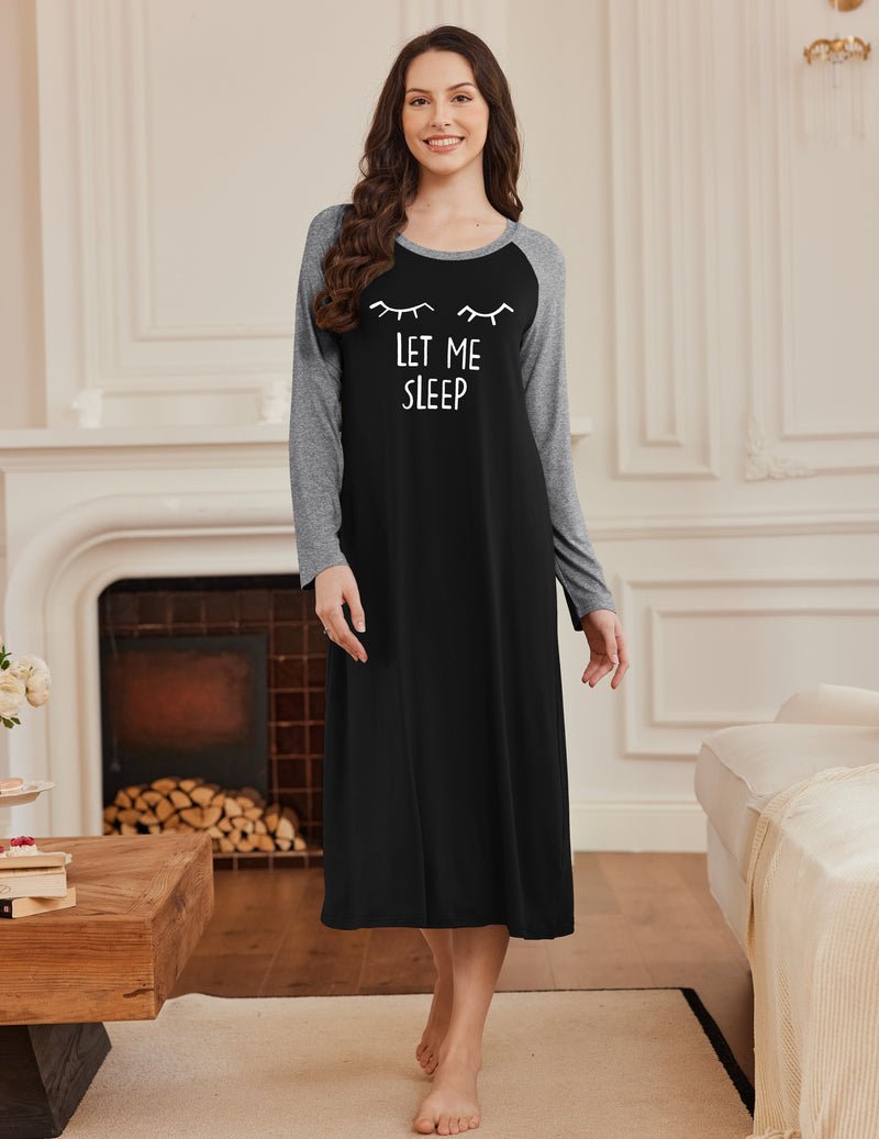 Black calf-length nightgown with grey raglan sleeves and closed-eye “LET ME SLEEP” graphic