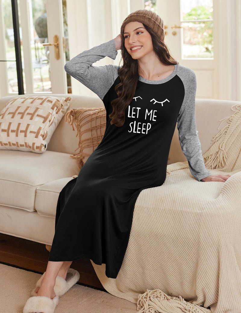 Black calf-length nightgown with grey raglan sleeves and “LET ME SLEEP” print, side view