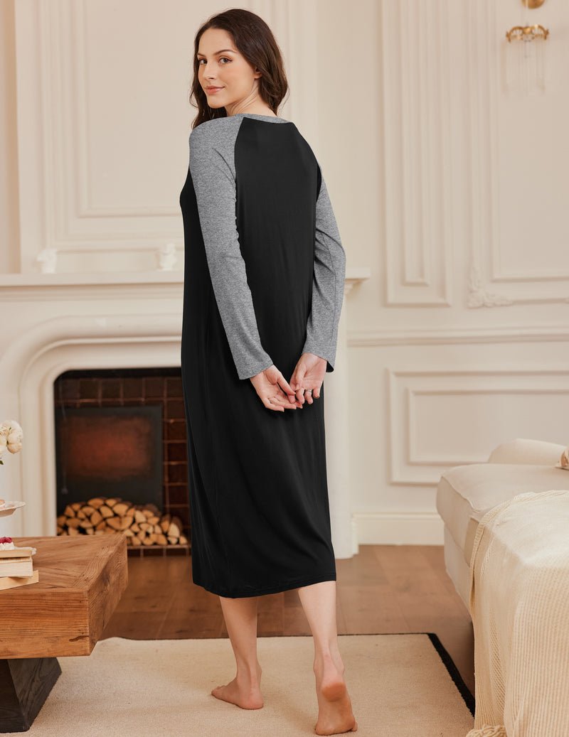 Black calf-length nightgown with grey raglan sleeves, back view, simple solid design