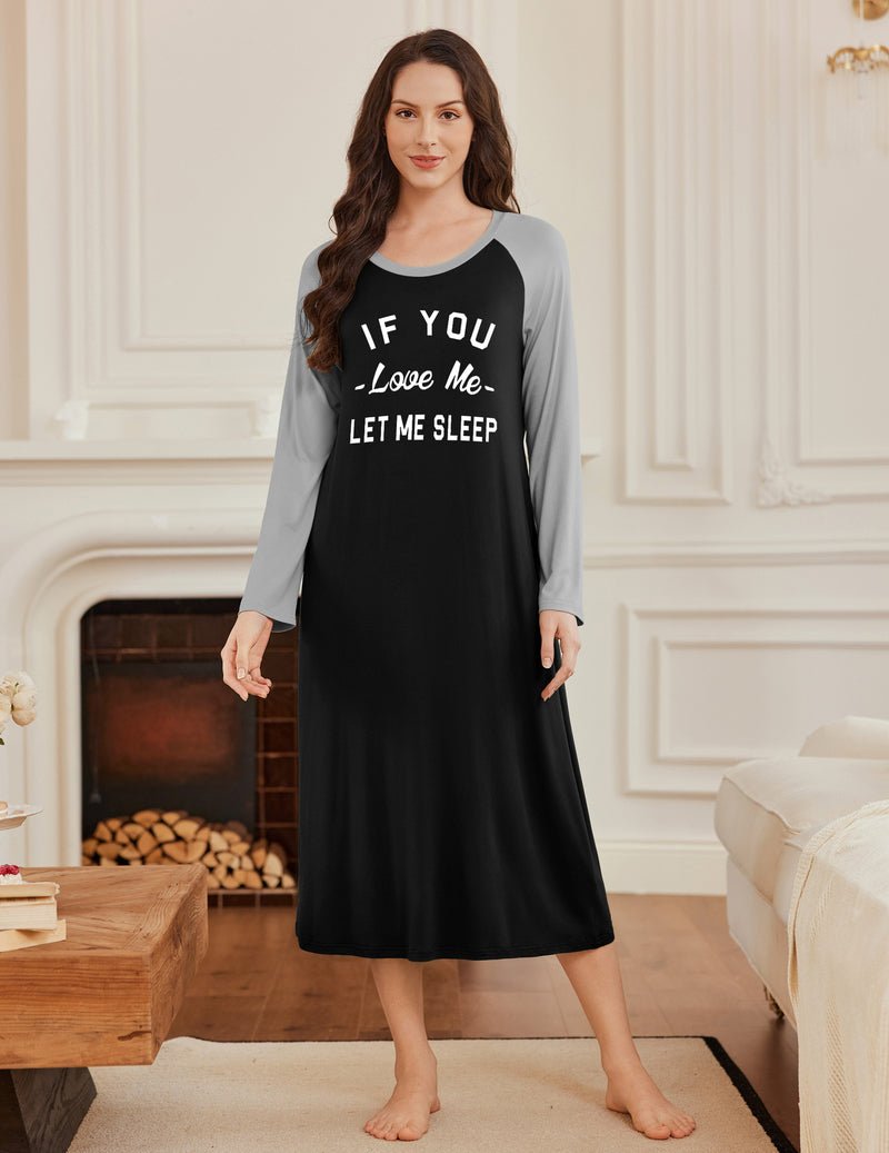 Black calf-length nightgown with grey raglan sleeves and “LET ME SLEEP” text