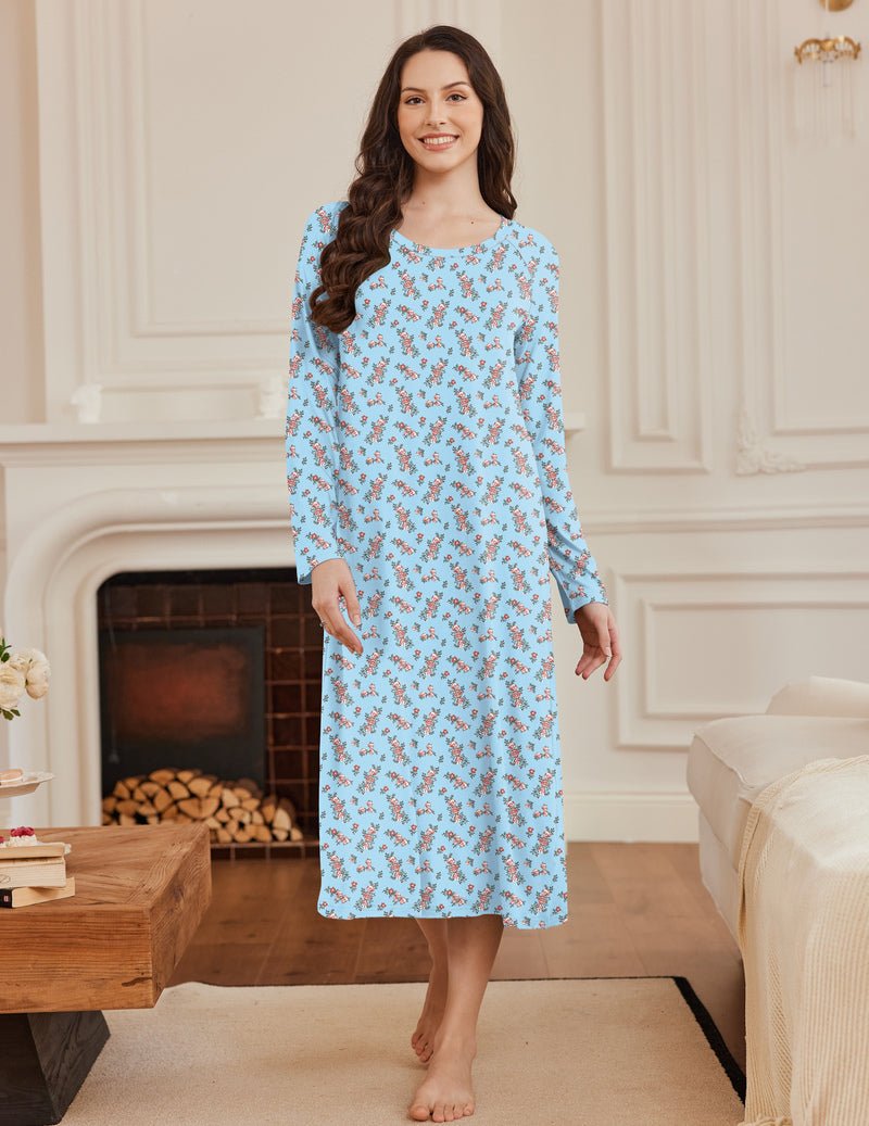 Blue calf-length nightgown with long sleeves and allover small floral pattern