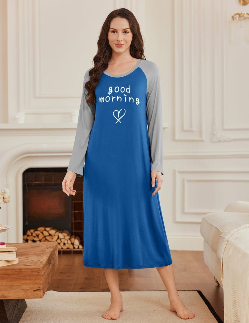 Long sleeve calf-length nightgown in blue with gray sleeves, “good morning” print
