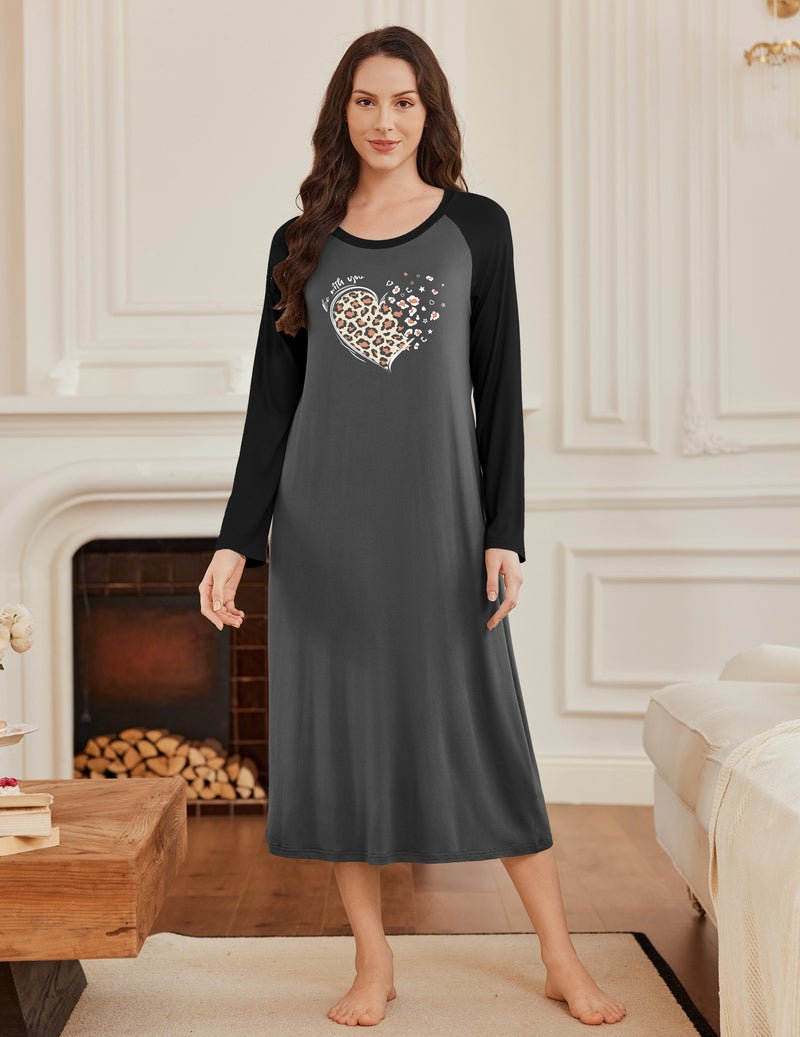 Black long-sleeve nightgown, calf length, heart graphic at chest