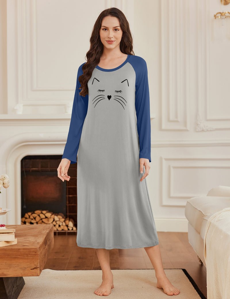 Blue and light-grey long-sleeve nightgown with cat face graphic on chest