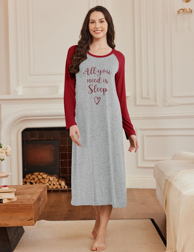Red and grey long-sleeve nightgown with “All you need is Sleep” text