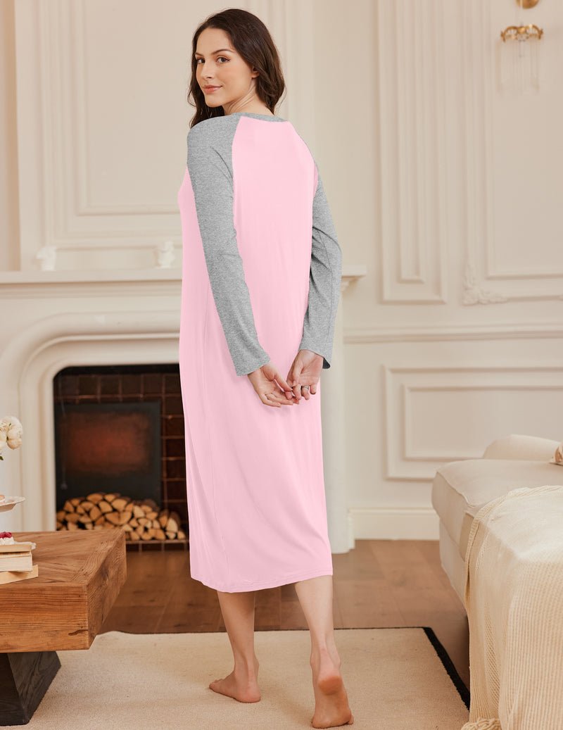 Pink calf-length nightgown with grey raglan sleeves, back view, smooth drape