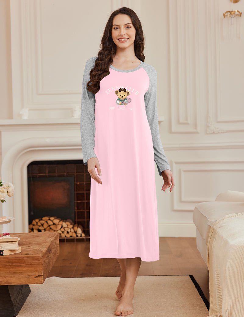Pink calf-length nightgown with raglan sleeves and teddy bear graphic on chest