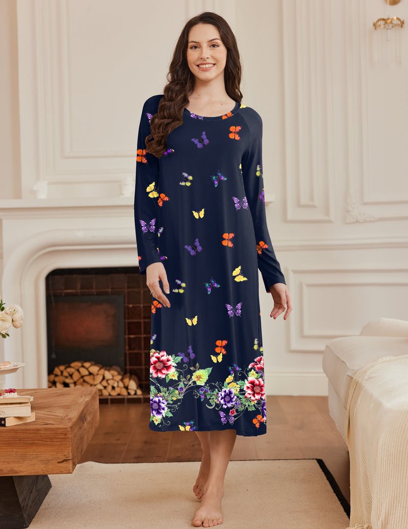 Navy long-sleeve nightgown, calf length, colorful butterfly print