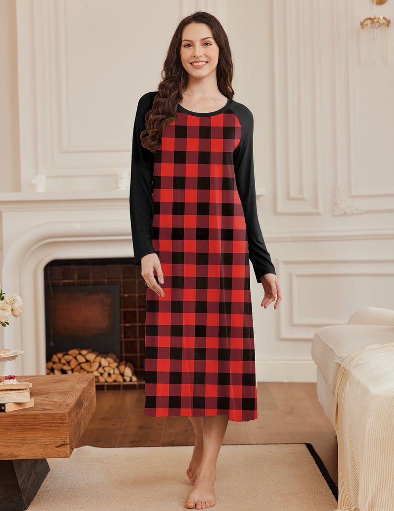 Black and red plaid long-sleeve nightgown, calf length, raglan style