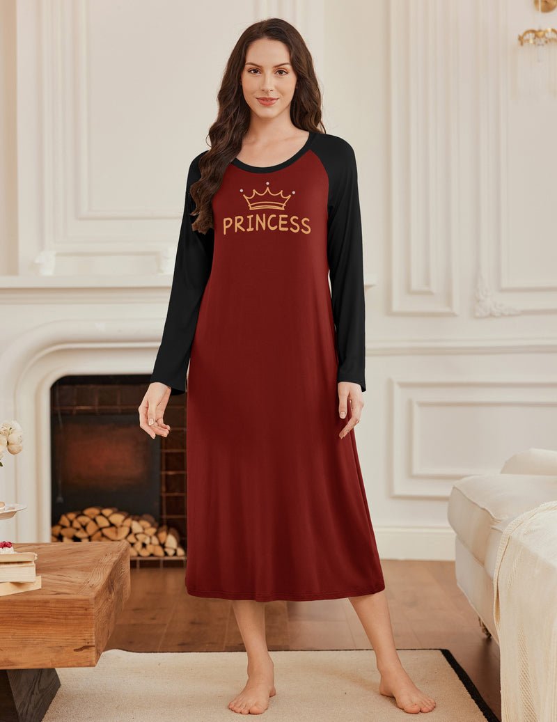 Long sleeve calf-length nightgown with black sleeves, burgundy “PRINCESS” crown print