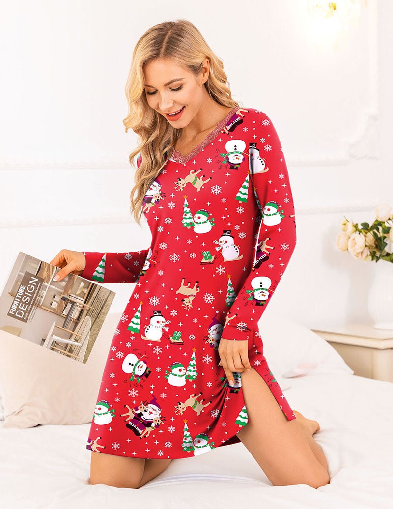 Red long sleeve nightgown with festive snowman print, lace neckline, short swing hem