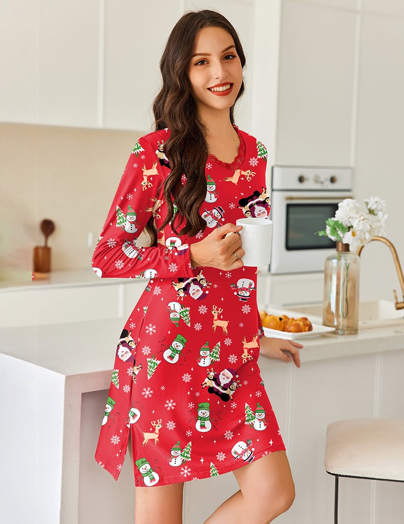 Long sleeve nightgown with red Christmas print, lace-trim neckline and A-line hem