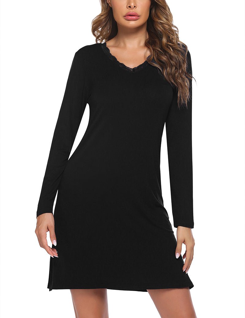 Long-sleeve nightgown, black solid knit, lace-trim neckline, long sleeves, short hem