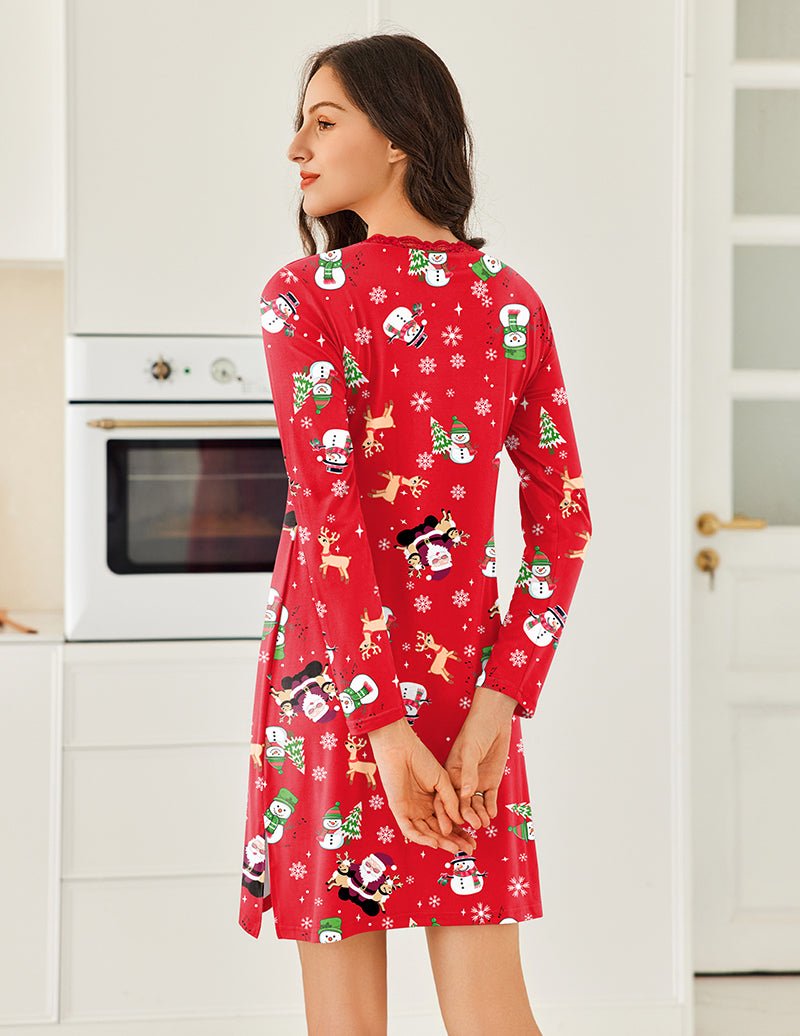 Long-sleeve nightgown, red holiday print, lace-trim neckline, long sleeves, back view
