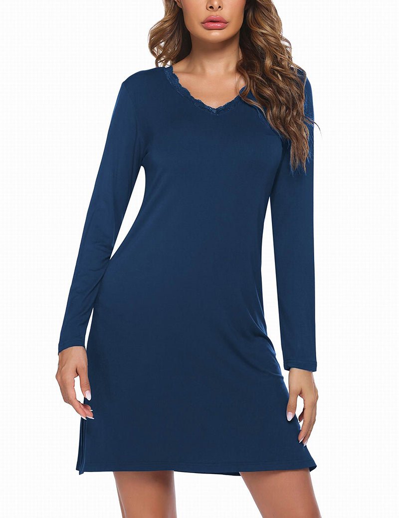 Long-sleeve nightgown, blue solid knit, lace-trim neckline, long sleeves, short hem