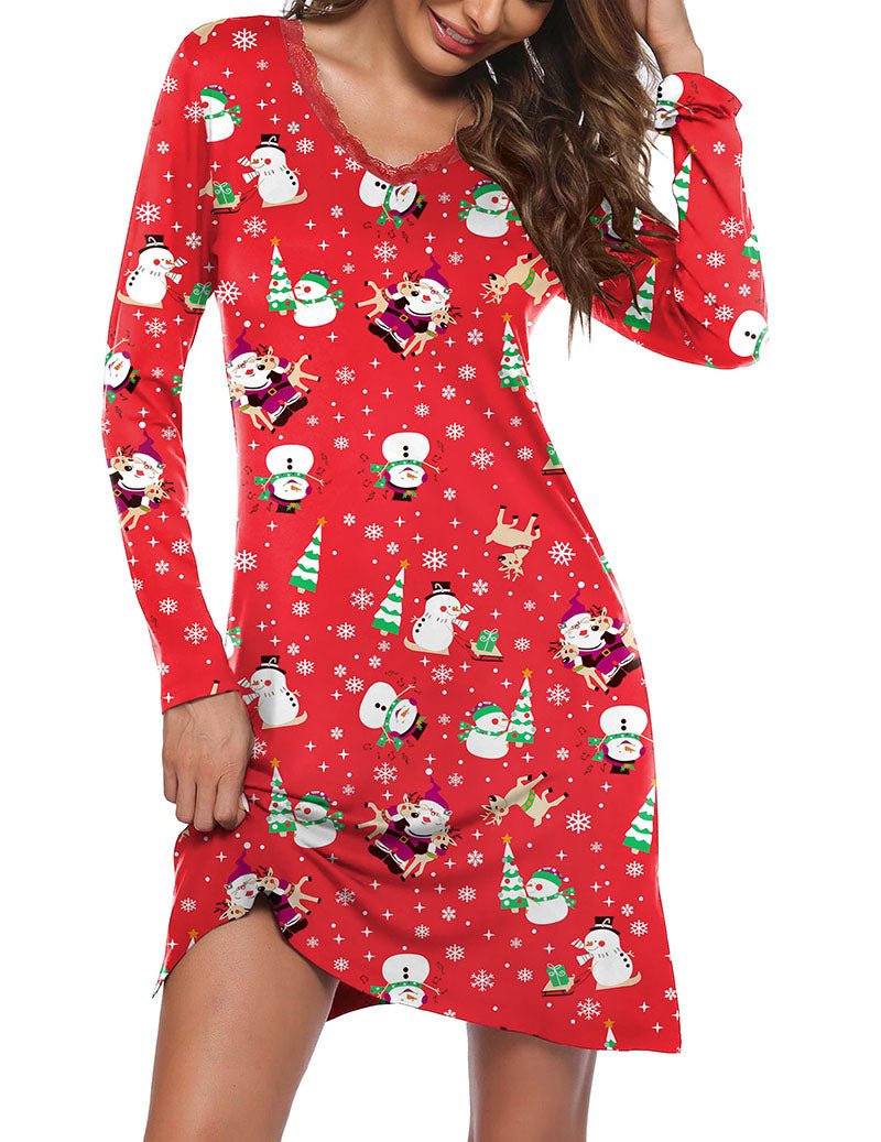 Long-sleeve nightgown, red holiday print, lace-trim neckline, side slit, short hem