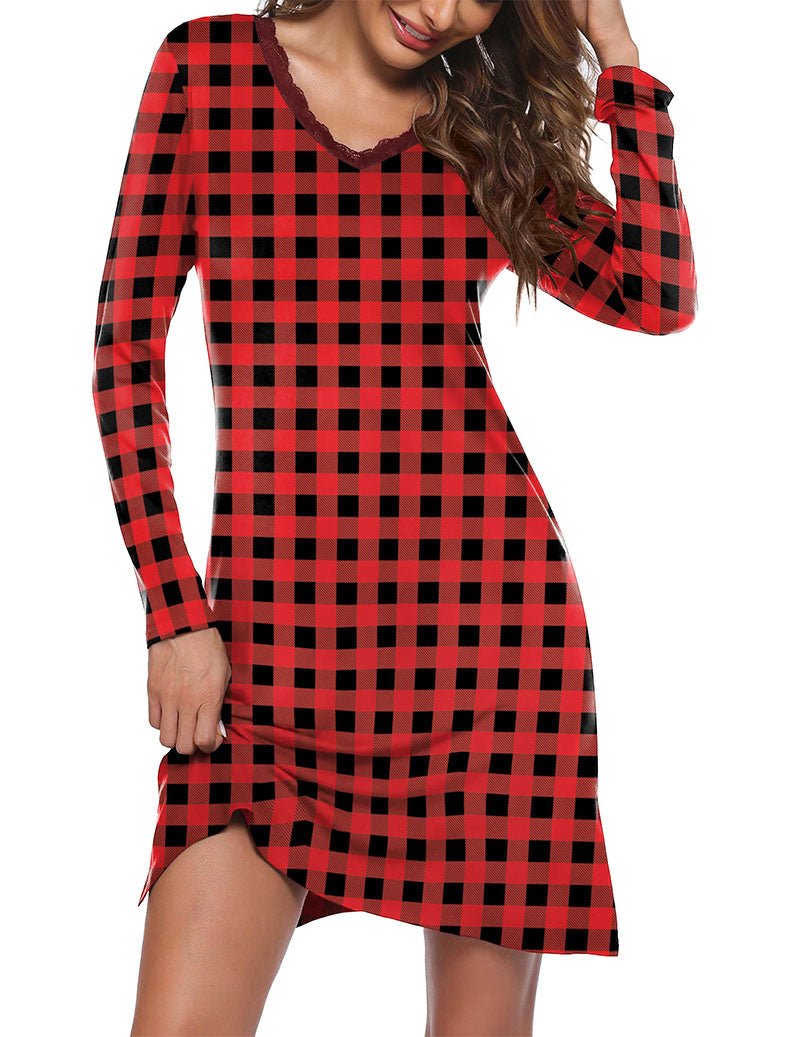Long-sleeve nightgown, red-and-black plaid, lace-trim neckline, long sleeves, side slit